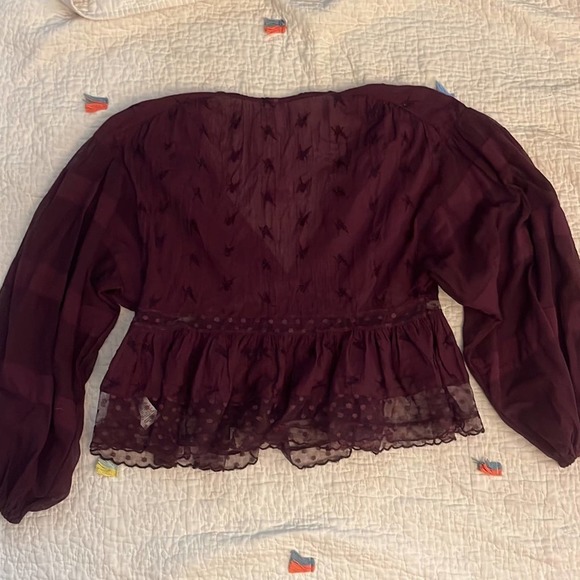 Free People Burgundy Nostalgic Feels Lace Boho Long Sleeve Peasant Top S - Picture 3 of 7